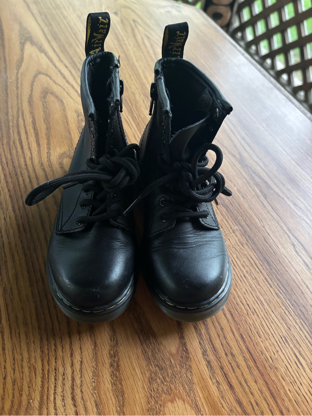 Dr. Martens Kids Black Leather Lace-Up Boots with Yellow Stitching